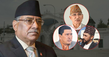 तीन उपप्रधानमन्त्रीसहित शपथ लिँदै प्रधानमन्त्री प्रचण्ड, गृहमा रवि लामिछानेको दाबी