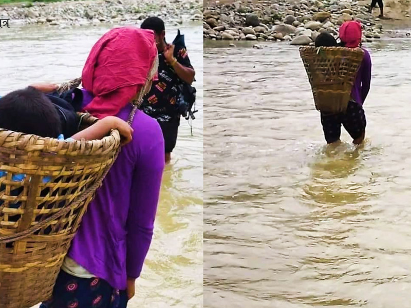 डोकोमा छोराछोरी बोकेर विद्यालय पुर्‍याउँछन् अभिभावक 