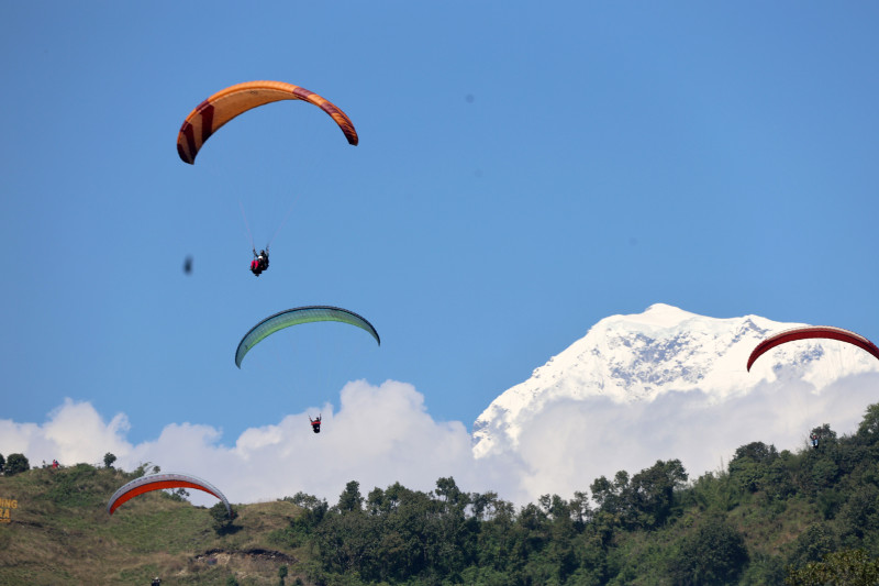 तस्वीरमा हेर्नुहाेस् पोखराको आकाशमा प्याराग्लाइडिङको उडान