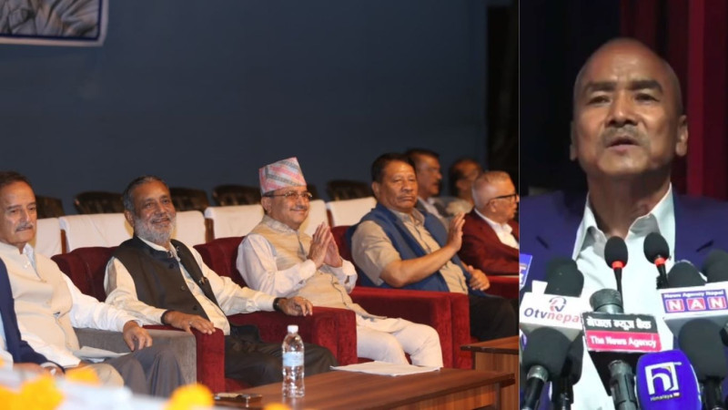मञ्चआसीन नेता देखाउँदै गगन थापालाई उमाकान्तको आग्रह– यी महारथिहरूको सम्मान गर्नुस्