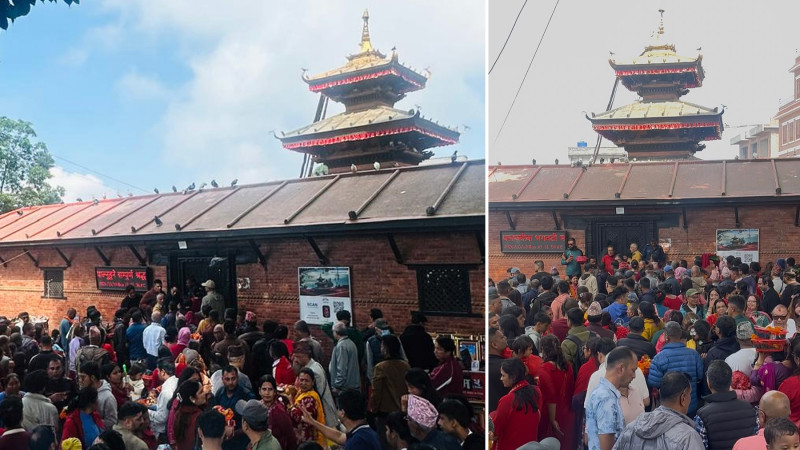 पलाञ्चोक भगवतीको दर्शन गर्न भक्तजनको घुइँचो, लाइन बस्ने व्यवस्थित ठाउँ नहुँदा कठिनाइ