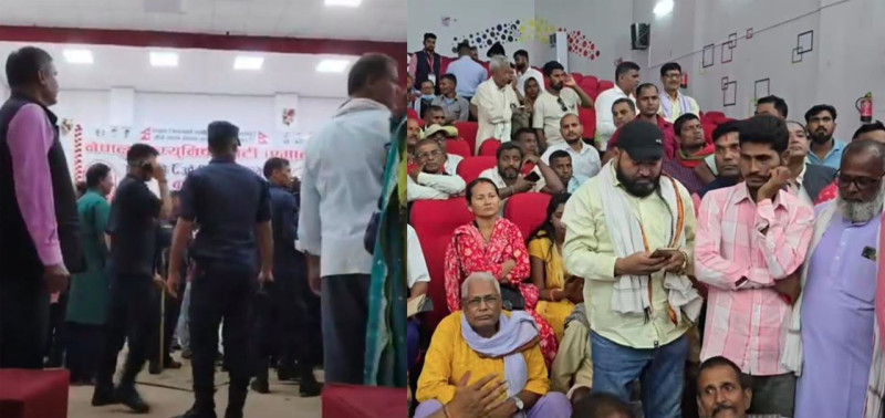 एमाले धनुषा अधिवेशनमा कुर्सी हानाहान, मतदान अनिश्चितकालका लागि स्थगित