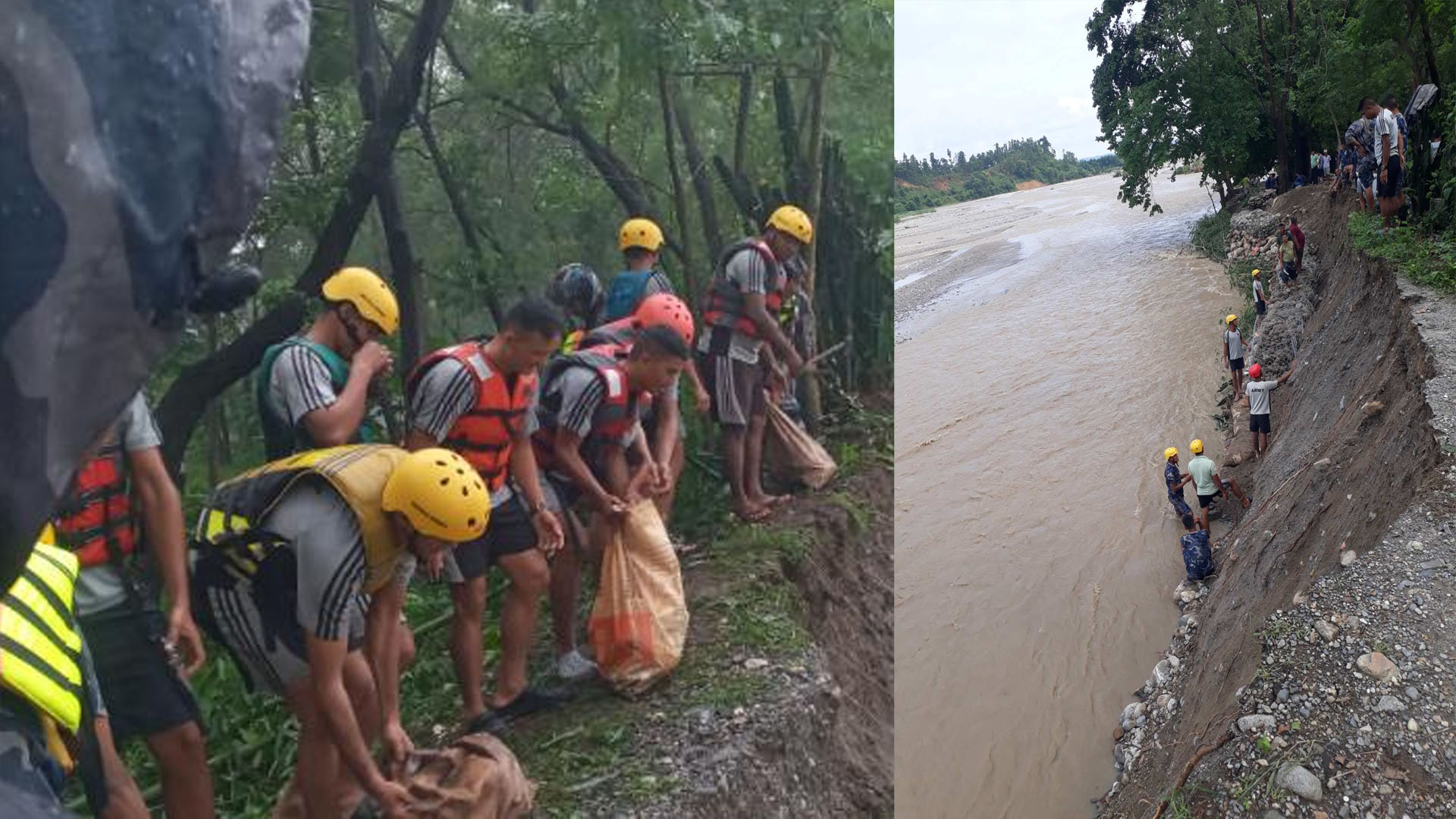 उदयपुरमा बाँध बगाउने गरी उर्लियो बरुवा खोला, तटबन्ध निर्माणमा नेपाली सेना (तस्वीरहरू)